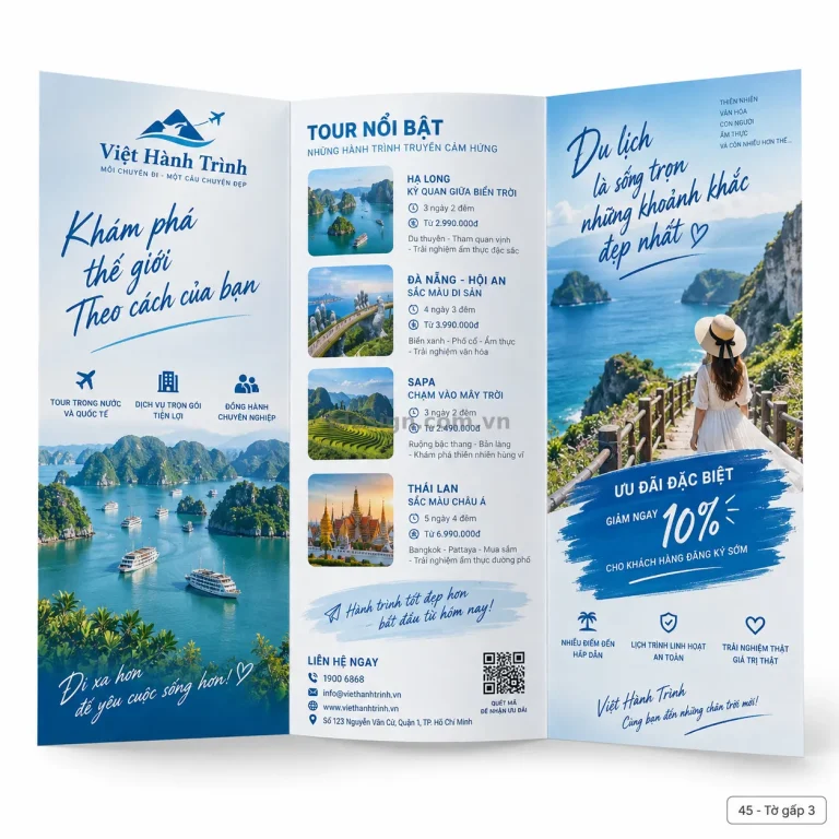 Thiết kế brochure du lịch chuyên nghiệp với bố cục thương hiệu rõ ràng