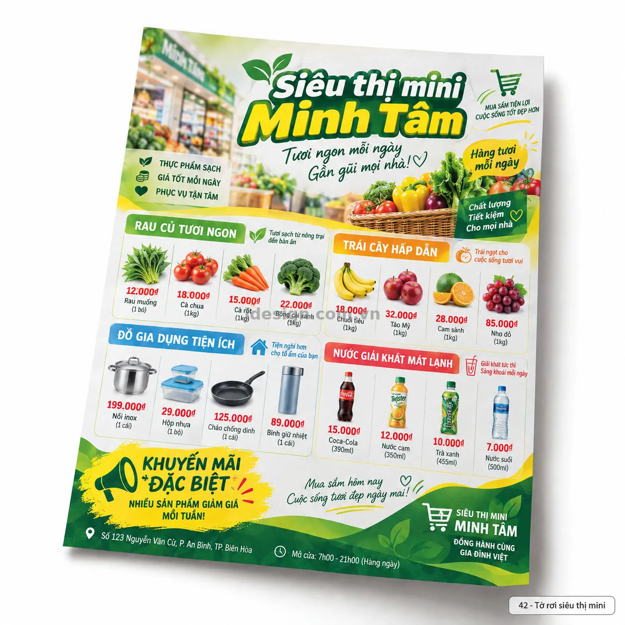 Thiết kế tờ rơi siêu thị mini chuyên nghiệp với bố cục thương hiệu rõ ràng