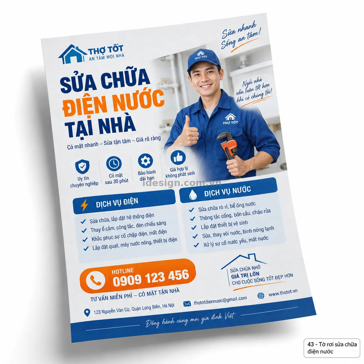 Thiết kế tờ rơi sửa chữa điện nước chuyên nghiệp với bố cục thương hiệu rõ ràng