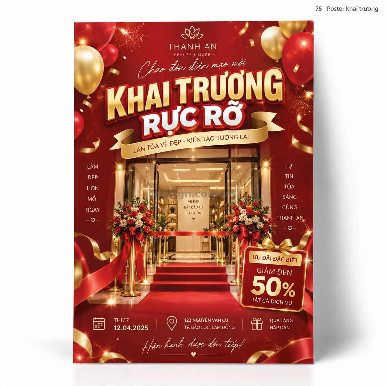 Thiết kế poster khai trương chuyên nghiệp với bố cục thương hiệu rõ ràng