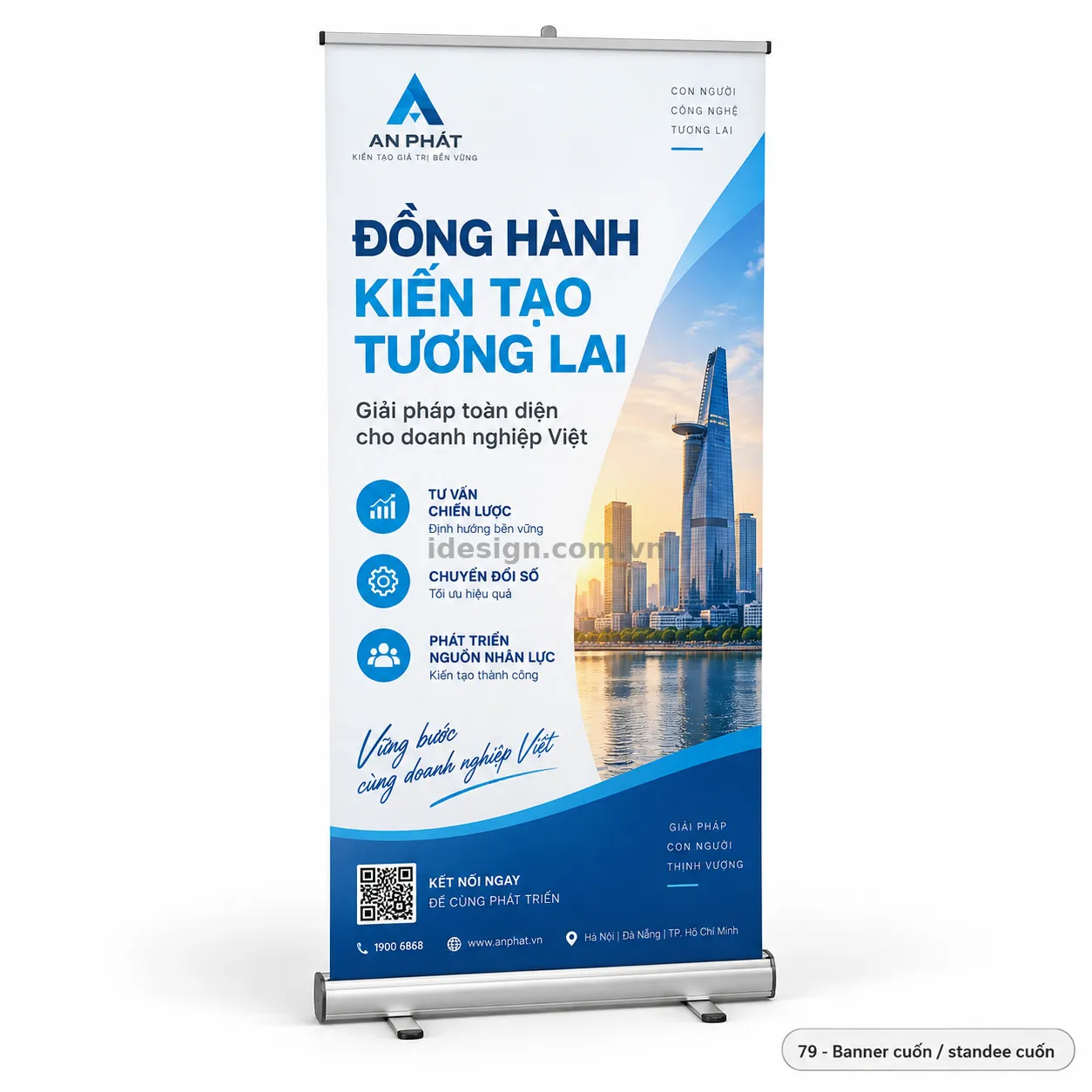 Thiết kế standee cuốn chuyên nghiệp với bố cục thương hiệu rõ ràng