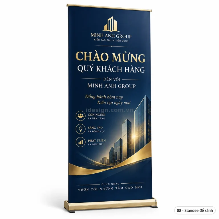 Thiết kế standee để sảnh chuyên nghiệp với bố cục thương hiệu rõ ràng