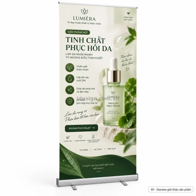 Thiết kế standee giới thiệu sản phẩm chuyên nghiệp với bố cục thương hiệu rõ ràng