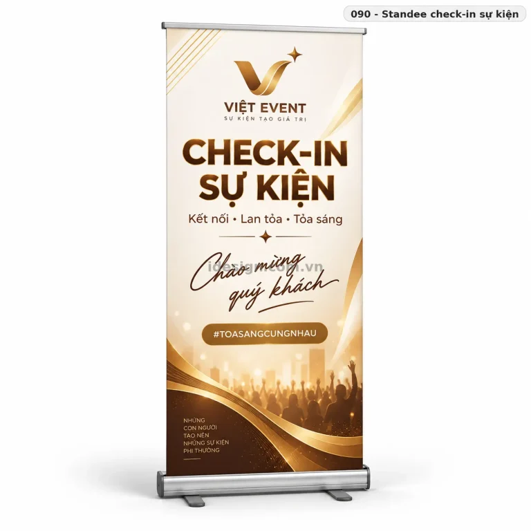 Thiết kế standee check-in sự kiện chuyên nghiệp với bố cục thương hiệu rõ ràng