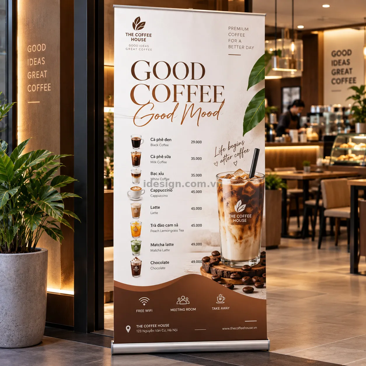 Thiết kế standee menu chuyên nghiệp với bố cục thương hiệu rõ ràng
