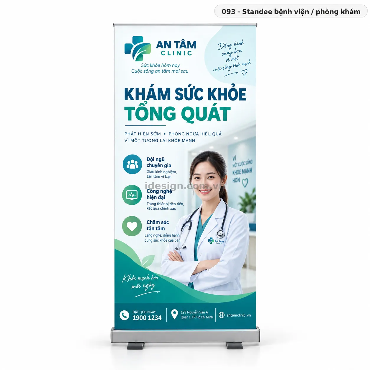 Thiết kế standee bệnh viện - phòng khám chuyên nghiệp với bố cục thương hiệu rõ ràng