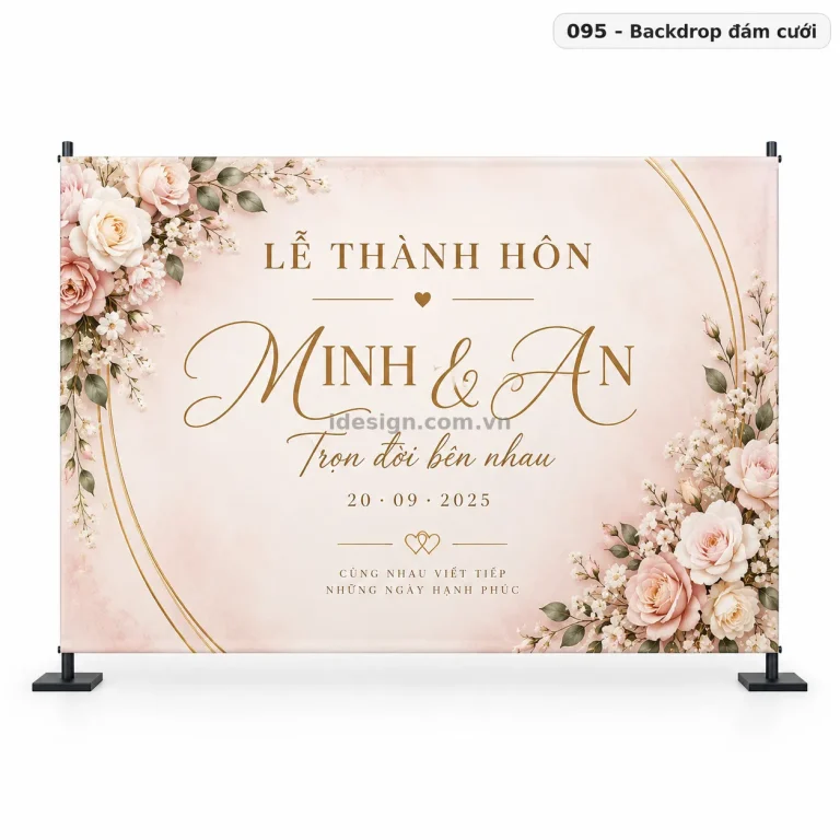 Thiết kế backdrop đám cưới chuyên nghiệp với bố cục thương hiệu rõ ràng