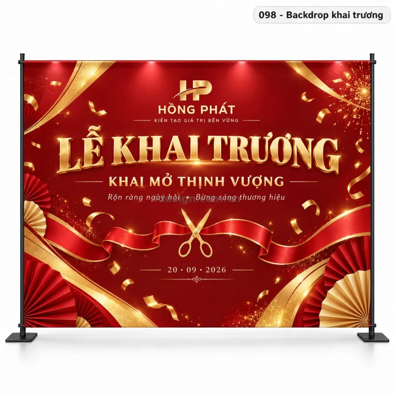 Thiết kế backdrop khai trương chuyên nghiệp với bố cục thương hiệu rõ ràng